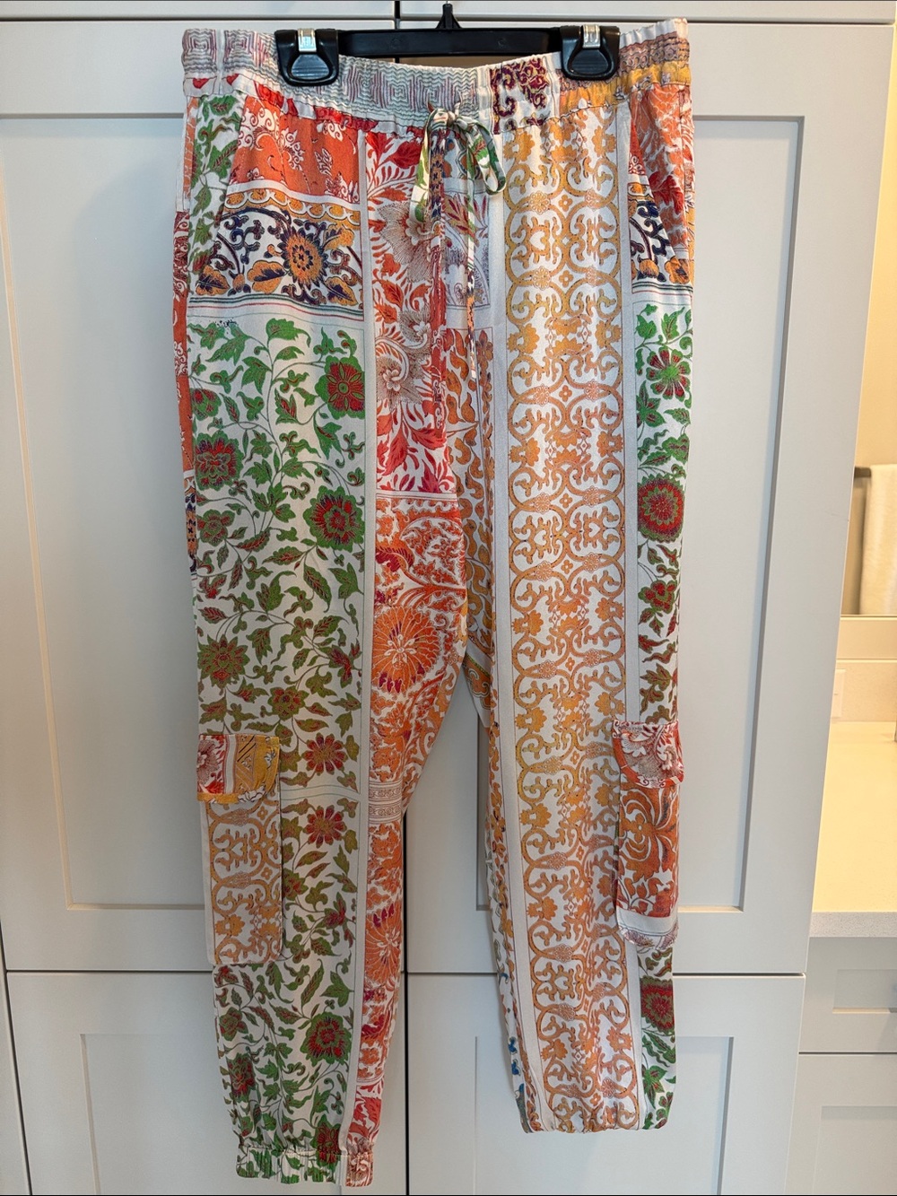 Johnny Was Multicolor Floral Patchwork Cargo Silk Pull-On Pants